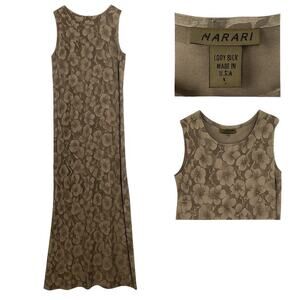 HARARI Dress Large L 100% Silk Made in USA Brown Floral Sleeveless Maxi VTG